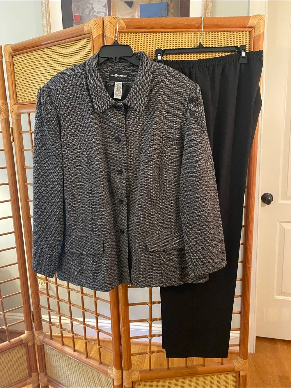 Sag Harbor Women's Charcoal Textured Button-Up Blazer with black pant